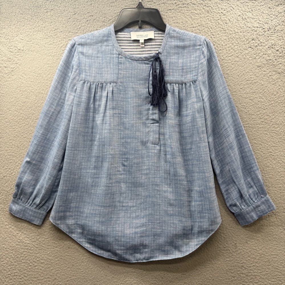 Derek Lam 10 Crosby Tie Detail Chambray Top Blouse Shirt Blue Chambray Tassel 8